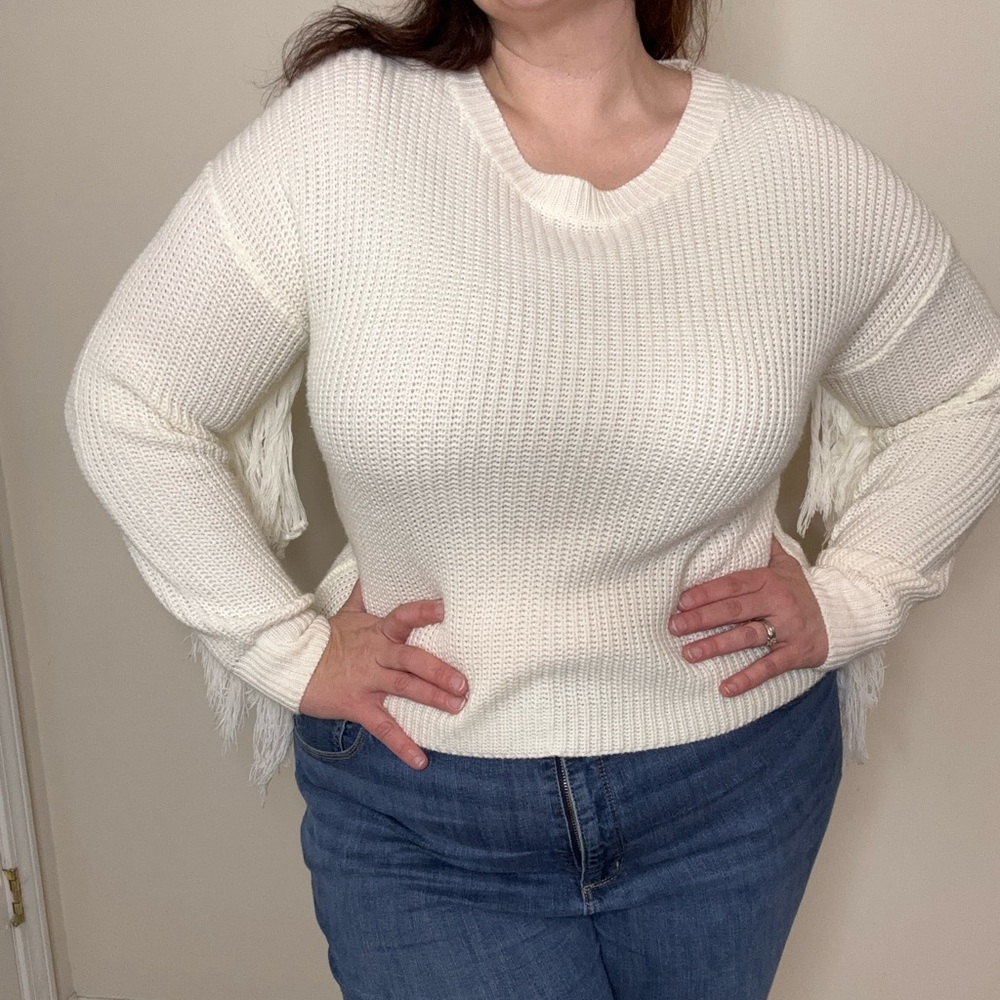 ARULA Cream Sweater with Fringe Accents